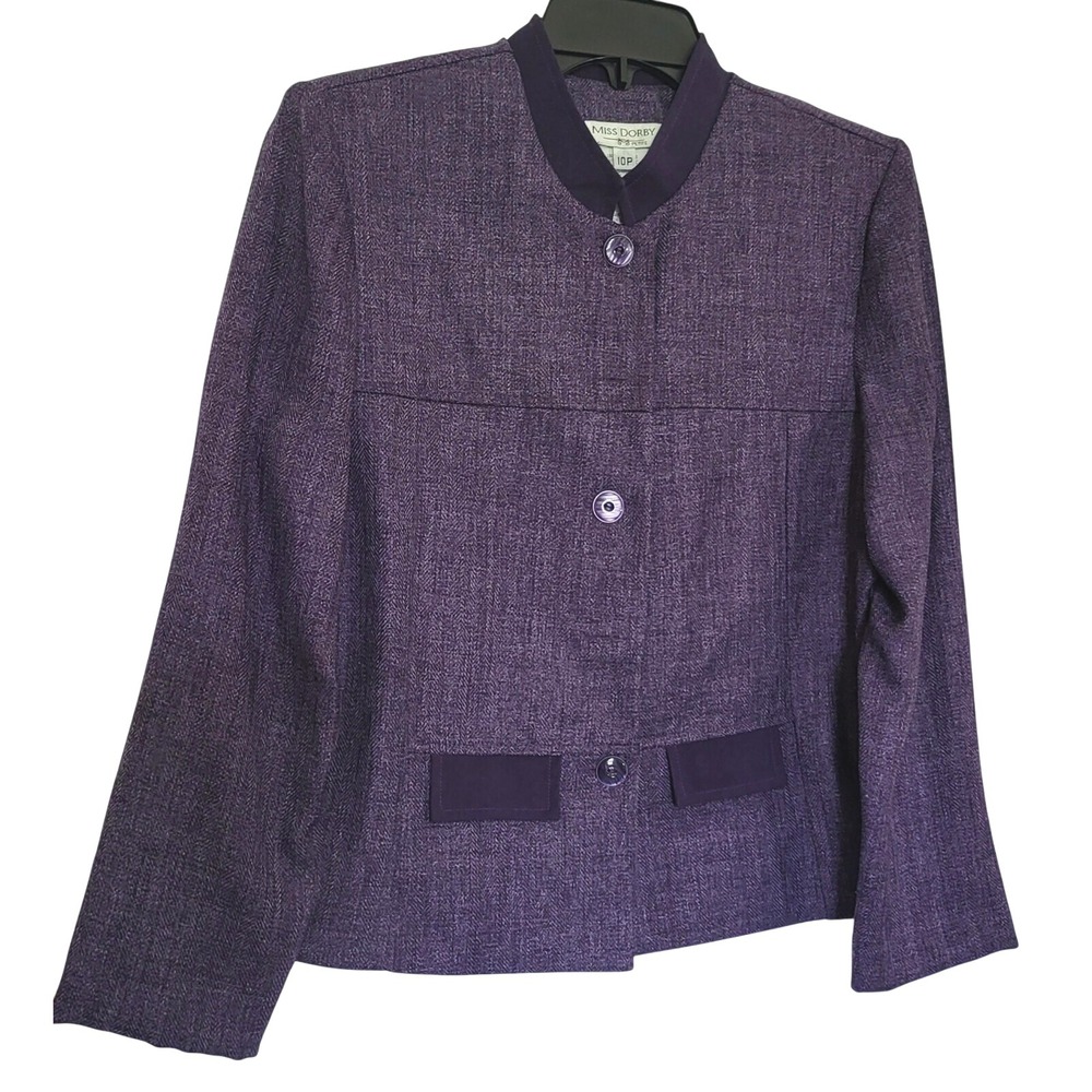 Miss Dorby Women Purple Tweed Mandarin Neckline Structured Button Blazer 10P Vtg